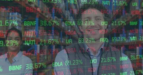 Image of financial data processing over man and woman working in warehouse Stock Photos