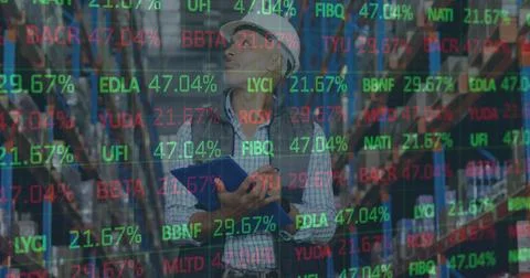 Image of financial data processing over man working in warehouse Stock Photos
