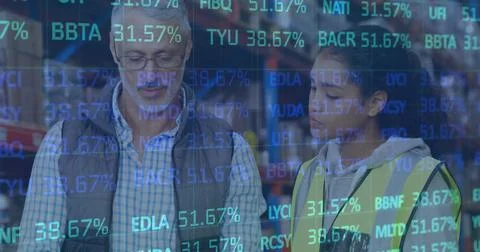 Image of financial data processing over man and woman working in warehouse Stock Photos
