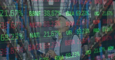 Image of financial data processing over man working in warehouse Stock Photos