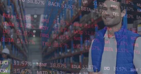 Image of financial data processing over man working in warehouse Stock Photos