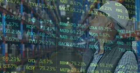 Image of financial data processing over man working in warehouse 스톡 사진