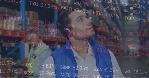 Image of financial data processing over man working in warehouse Foto stock