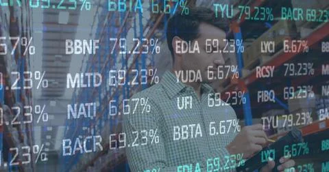 Image of financial data processing over man working in warehouse Stock Photos
