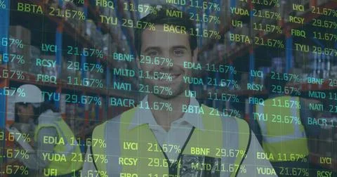 Image of financial data processing over man working in warehouse Foto stock