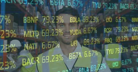 Image of financial data processing over man working in warehouse Stock Photos
