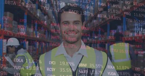 Image of financial data processing over man working in warehouse Stockfoto's