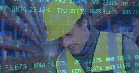Image of financial data processing over man working in warehouse Foto stock