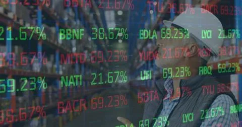 Image of financial data processing over man working in warehouse Stock Photos