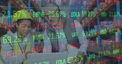 Image of financial data processing over man and woman working in warehouse 스톡 사진