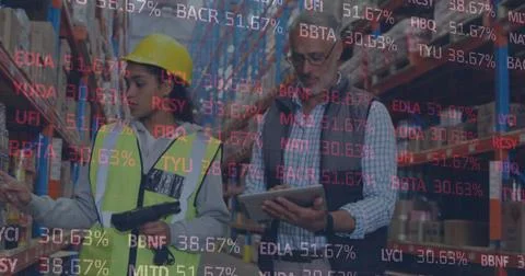 Image of financial data processing over man and woman working in warehouse Stock Photos