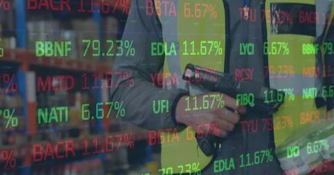 Image of financial data processing over man working in warehouse Stock Photos