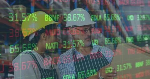 Image of financial data processing over man and woman working in warehouse Foto stock