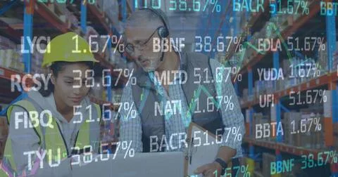 Image of financial data processing over man and woman working in warehouse Stock Photos