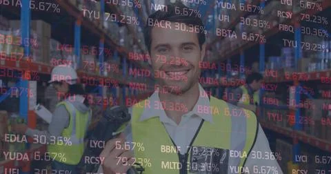 Image of financial data processing over man and woman working in warehouse Foto stock