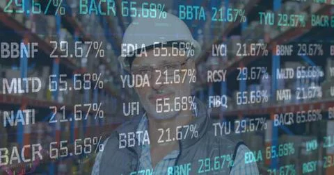 Image of financial data processing over man working in warehouse 스톡 사진