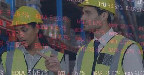 Image of financial data processing over man and woman working in warehouse Foto stock