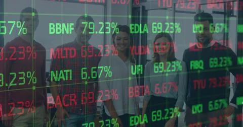 Image of financial data processing over businesspeople in office Stockfoto's