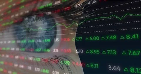 Image of financial data processing over woman's eye on black background 写真素材