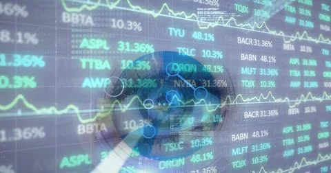 Image of financial data processing over woman's eye in background Stockfoto's