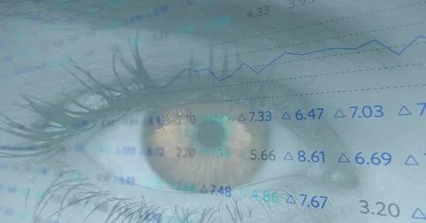 Image of financial data processing over woman's eye in background Stock Photos