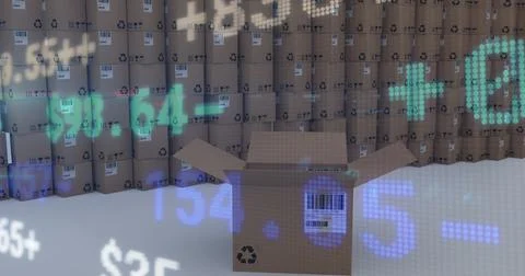 Image of financial data processing over stacked cardboard boxes Stock Photos