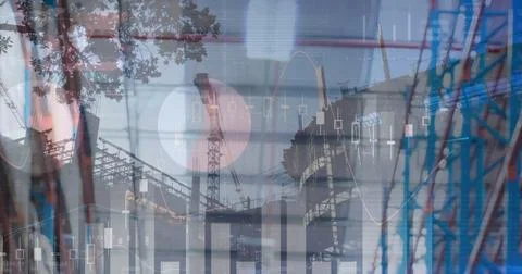 Image of financial data processing over smiling man construction site Stock Photos