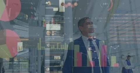 Image of financial data processing over diverse business people walking in Stockfoto's