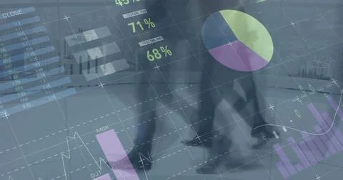Image of financial data processing over diverse business people walking in 写真素材