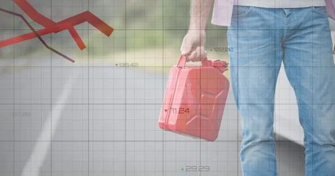 Image of financial data processing over man carrying fuel canister Stock Photos