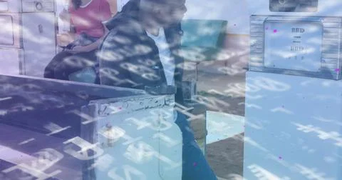 Image of financial data processing over man at the gas station Foto stock