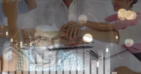 Image of financial data processing over business people stacking hands in Stock Photos
