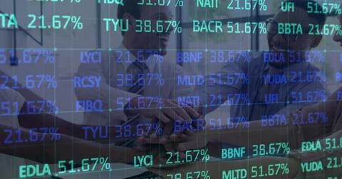 Image of financial data processing over happy business people stacking hands in Stock Photos