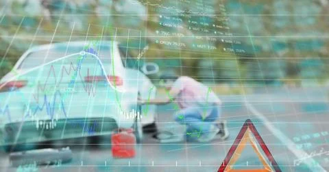 Image of financial data processing over man changing car tires Foto stock