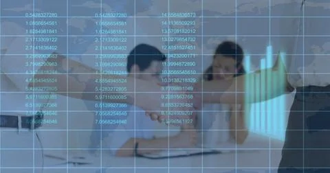 Image of financial data processing over business people shaking hands in meeting Stock Photos