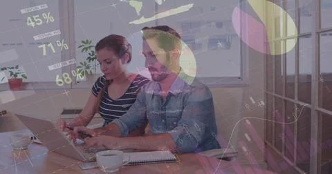 Image of financial data processing over business people using laptop 写真素材