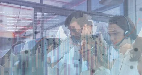 Image of financial data processing over group of businesspeople with headsets 写真素材