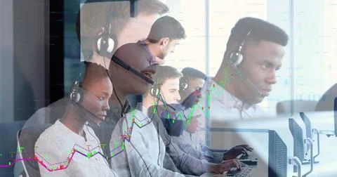 Image of financial data processing over diverse business people wearing headset Foto stock