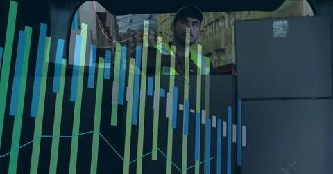 Image of financial data processing over caucasian delivery man packing boxes Stock Photos