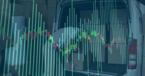 Image of financial data processing over caucasian delivery man packing boxes Stockfoto's