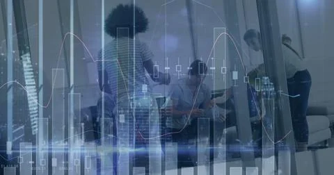 Image of financial data processing over diverse group of business people in Stockfoto's