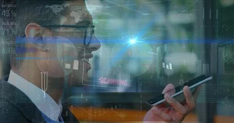 Image of financial data processing over biracial businessman using smartphone Stock Photos