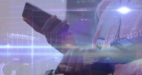 Image of financial data processing over caucasian man using smartphone Stock Photos