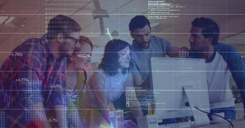 Image of financial data processing over diverse business people using computer Foto stock