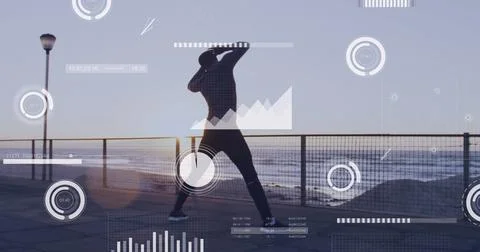 Image of financial data processing over an exercising african american man Stock Photos