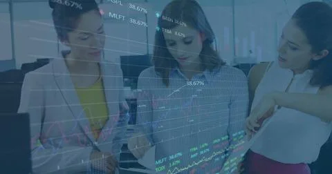 Image of financial data processing over businesses people Foto stock