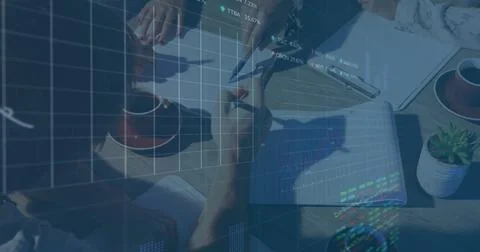 Image of financial data processing over businesses people Foto stock