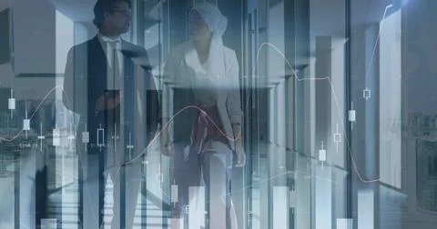 Image of financial data processing over two diverse business people Stock Photos