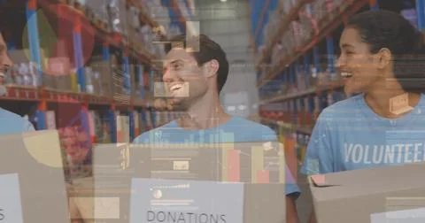 Image of financial data processing over three diverse warehouse worker Stock Photos