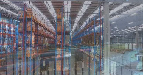 Image of financial data processing over warehouse Foto stock